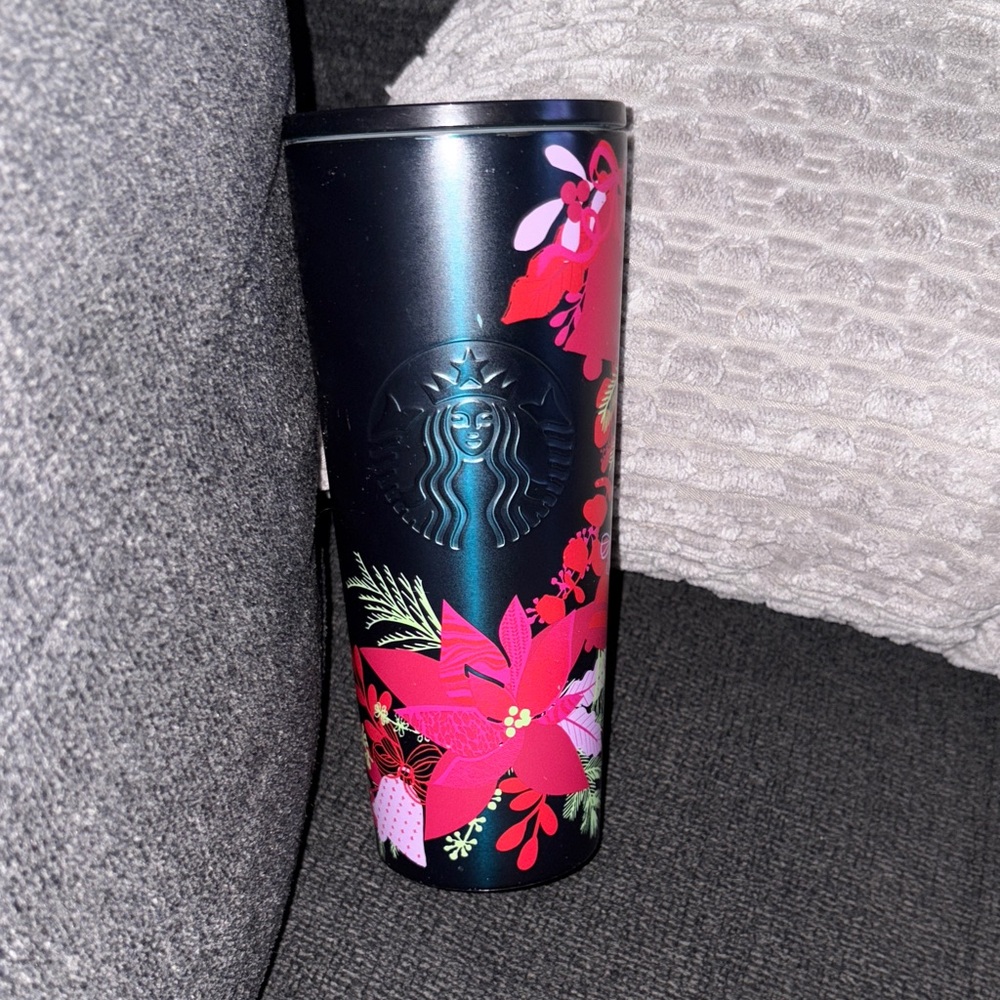 Starbucks Black Tumbler with Red Floral Design